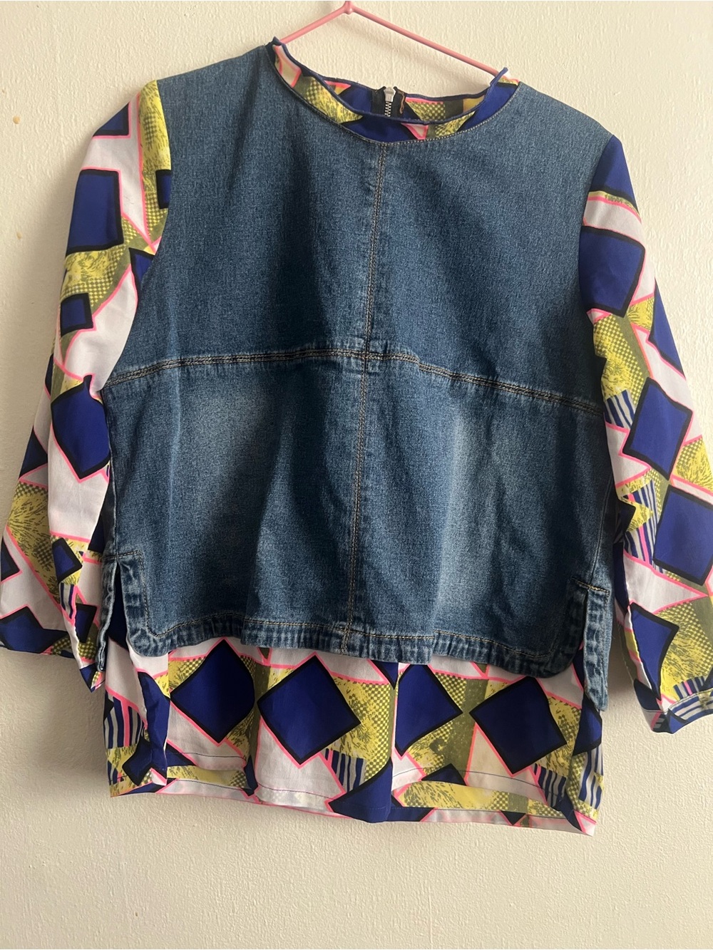 Antique Blue Denim Pullover with Multicolor Geometric Sleeves